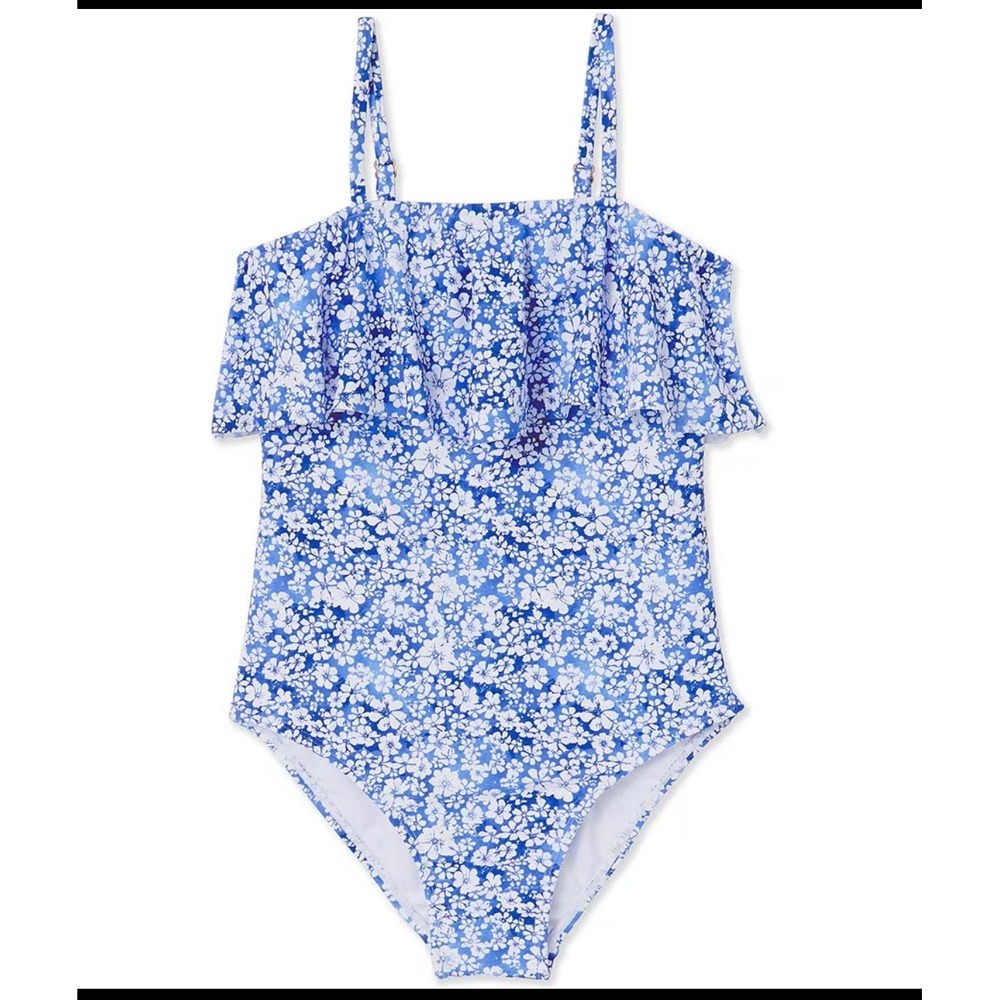 Raisins Girls Blue Floral Ruffle One Piece Swimsuit Back Cutout Size 10